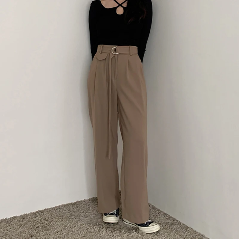 Женские винтажные прямые брюки Mozuleva свободные с высокой талией и поясом длинные