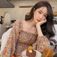 vintage puff slevee floral blouse french long sleeve women square collar korean top 2021 spring flower shirt women casual office