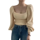 Женский винтажный свитер с длинным рукавом-фонариком, с высоким воротником