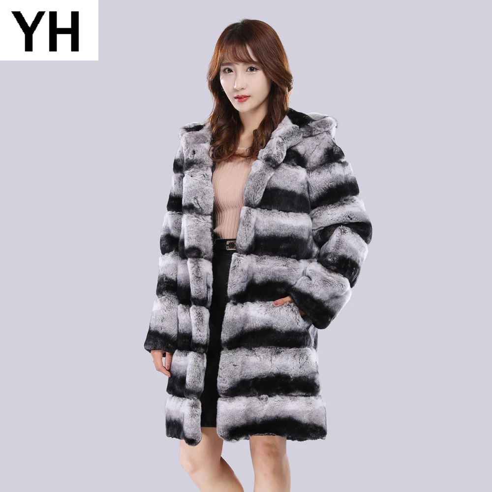 Новый зимний женский Настоящий мех кролика пальто Теплый с капюшоном куртка