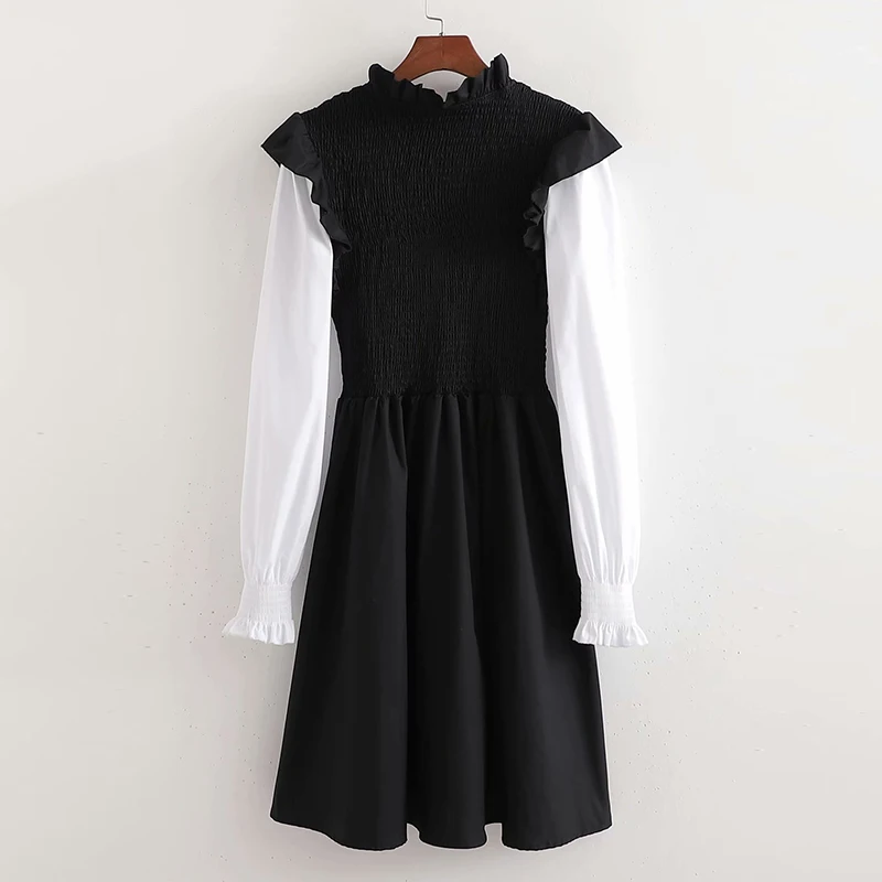 

ZA Spring Summer Patchwork Dress Women V-neck Puff Sleeve Ruffles Dress High Waist Woman Elegant Long Sleeve Dresses
