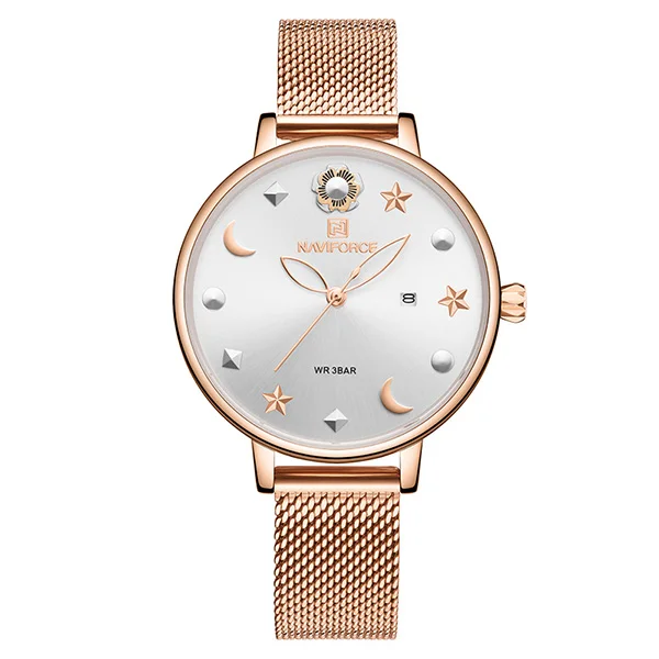 NF5009-RoseGoldWhite NAVIFORCE, новинка, женские часы, уникальная бабочка, нержавеющая сталь, сетчатый Браслет, кварцевые наручные часы для дам, девушек, модный подарок - Цвет: NF5009-RoseGoldWhite