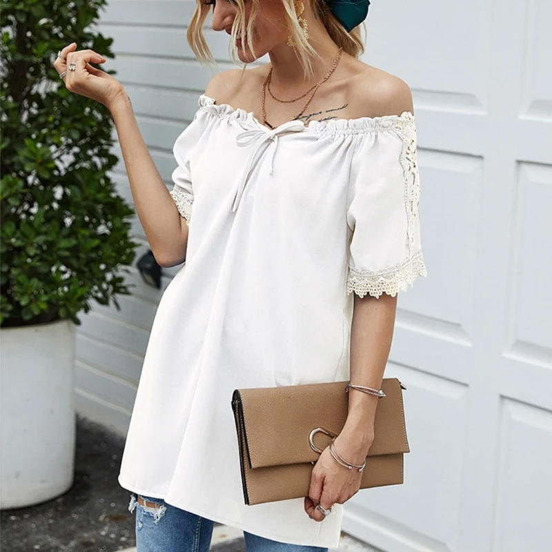 

Women Girls Summer Short Sleeves T-Shirts Lace One-shoulder Tops Casual Tops E15E