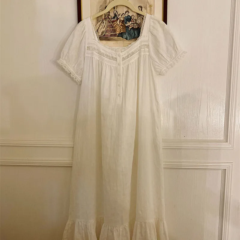 Short Sleeves Nightgown For Women Soft Pure Cotton White Nightie Summer Breathable Lace Night Dress Long Mid-Calf Loose Homewear