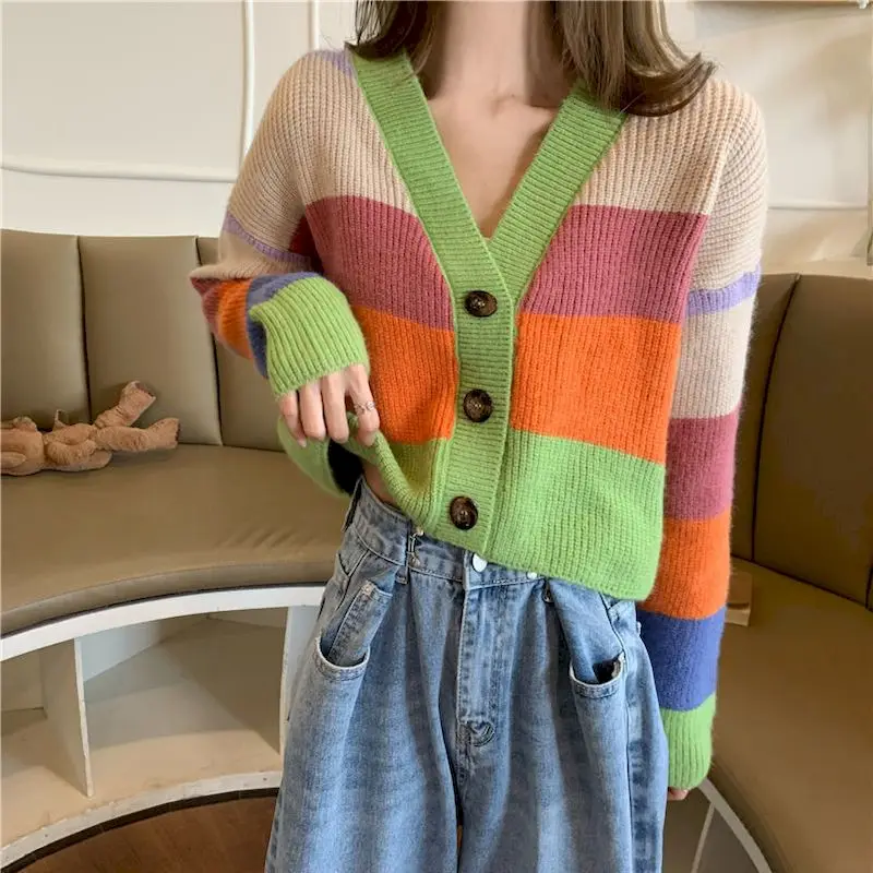 

Womens Sweaters V Neck Sweater Cropped Cardigan Color Blocked Sweater 2022 Spring Women's Top Long Sleeve Versatile T-shirt