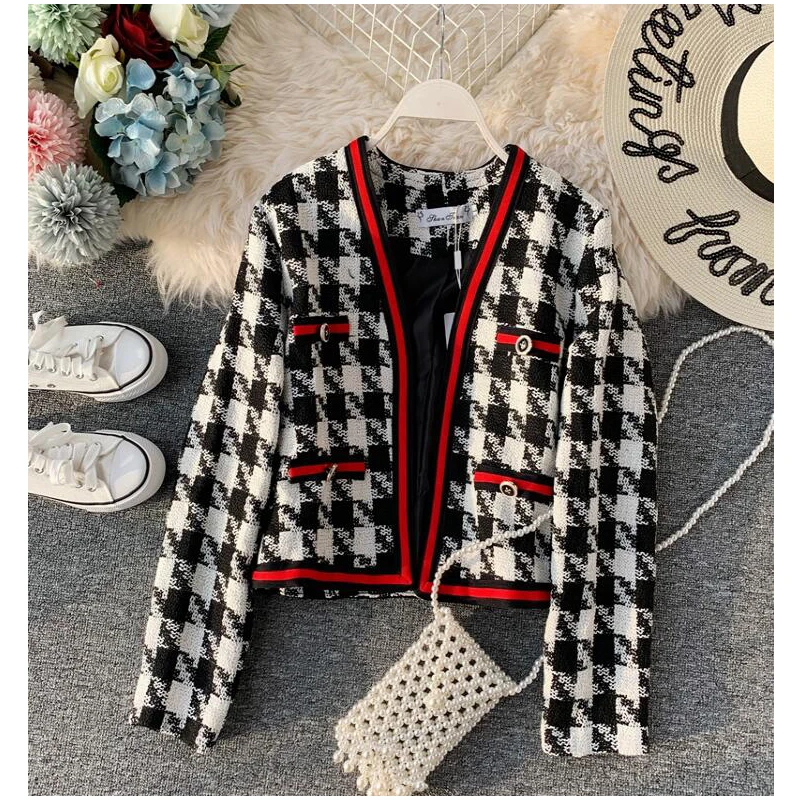 Женская одежда длинный рукав v образный вырез соединенный твидовый жакет