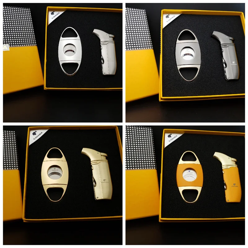

COHIBA Cigar Gift Set Cutter Lighter Accessories Set Metal Torch Cigar Lighter Butane Gas Windproof Lighters Sharp Siggar Cutter