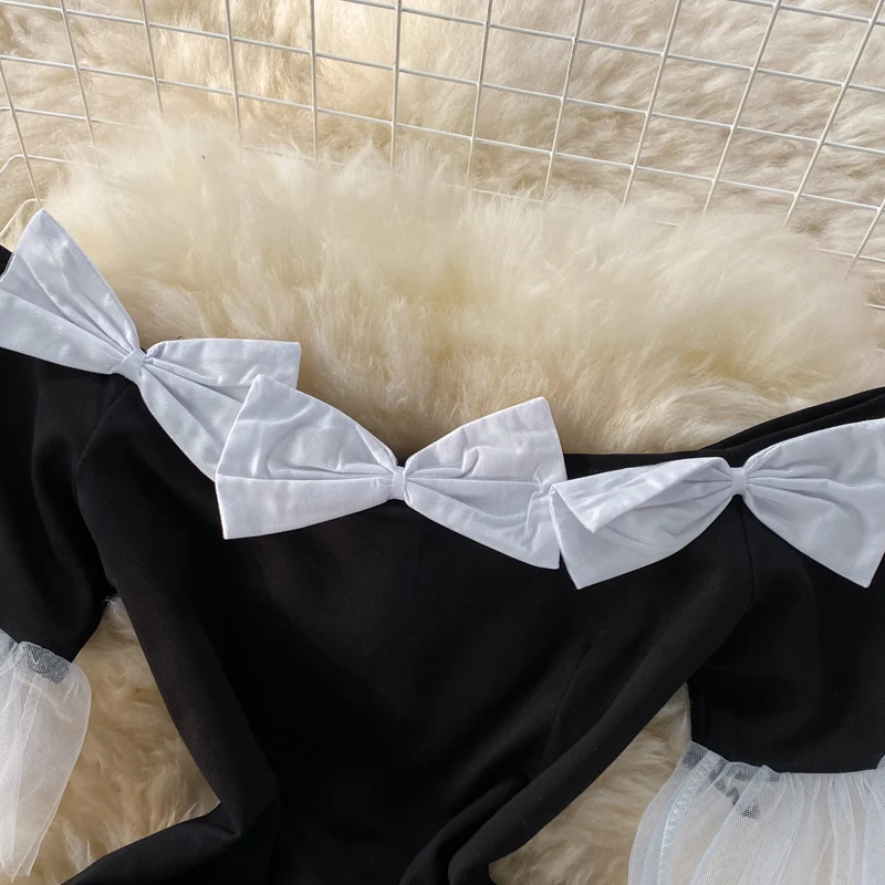 

Bowknot summer lace stitching flared sleeves memaid dress women off-the-shoulder mesh stitching fishtail bag hip party dress