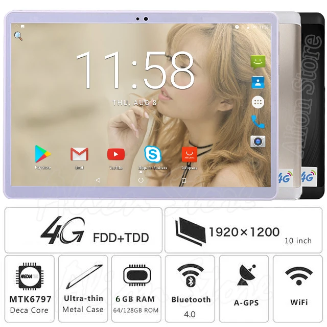 10 дюймовый планшетный ПК 1920*1200 ips 2.5D закаленное Стекло Deca Core, размер экрана 6 ГБ Оперативная память 128 Гб Встроенная память 4 аппарат не привязан к оператору сотовой связи Android 8,1 Bluetooth, Wi-Fi, 13MP gps+ подарки
