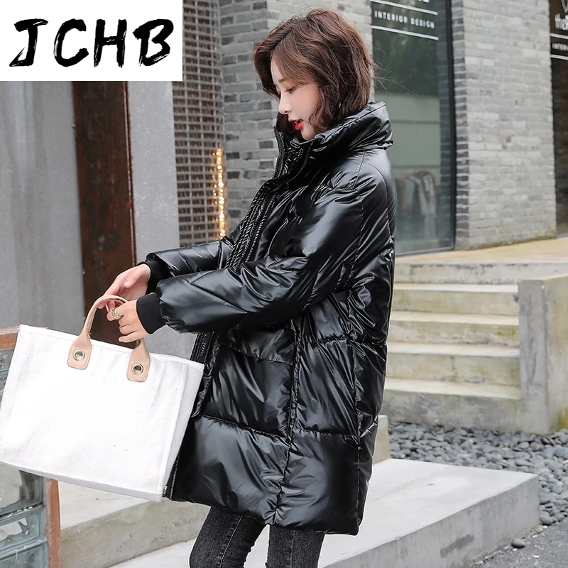 

JCHB 2021 Winter Long Jacket for Women Plus Size Solid Thick Female Cold Coat Cotton Padded Stand Collar Casual Women's Parkas