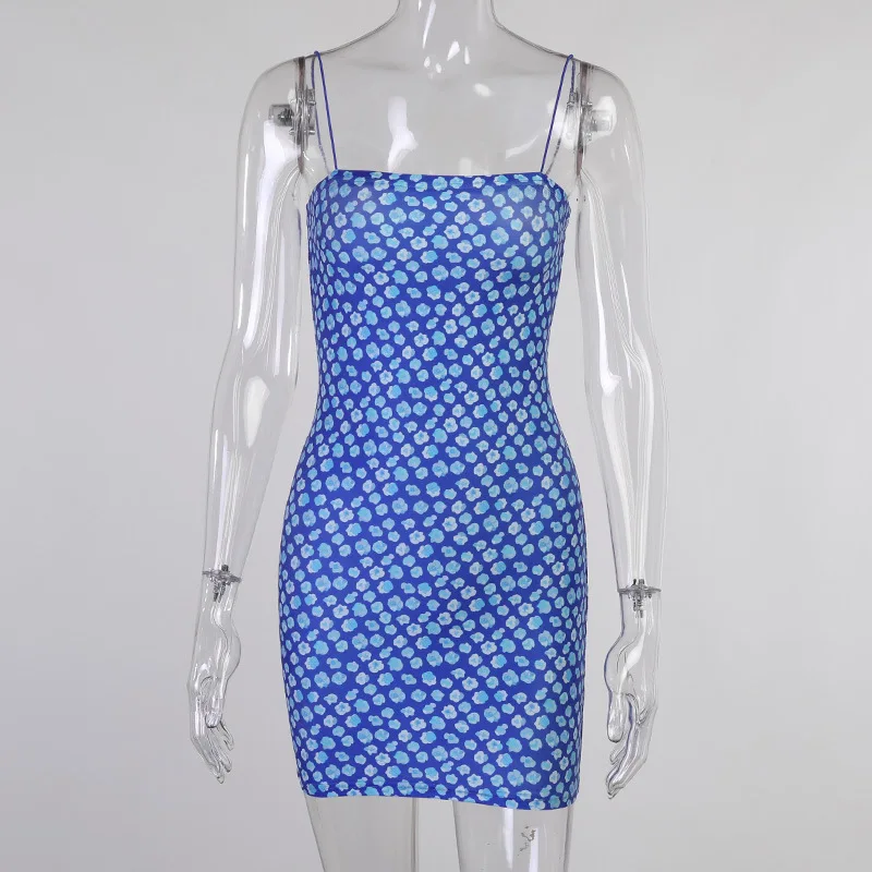 

WJFZQM Summer Floral Print Sleeveless Mini Dress Casual Sexy Spaghetti Strap Short Dress Ladies Backless Women Party Short Dress
