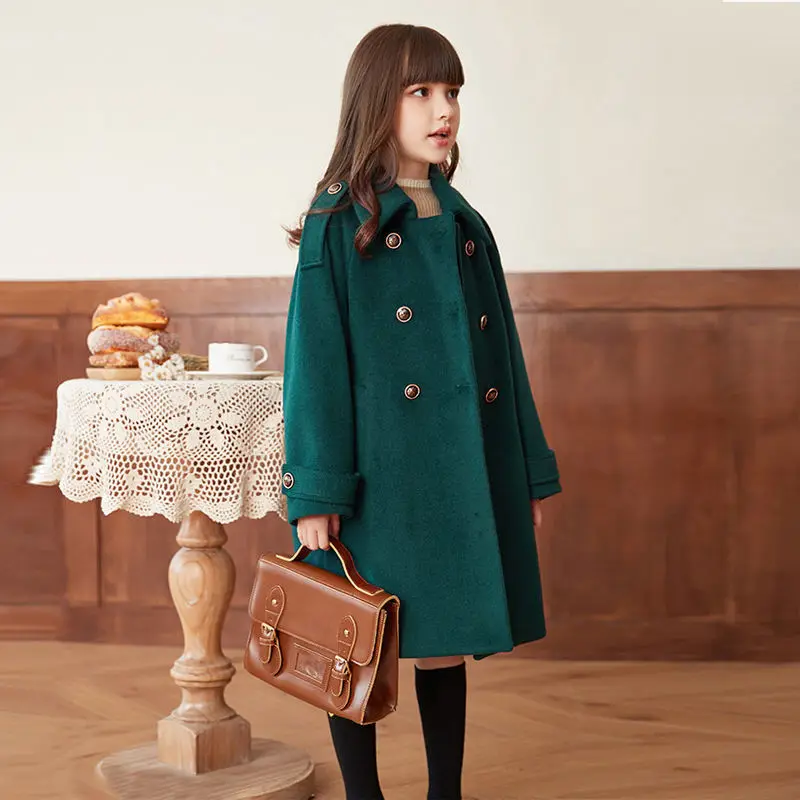 

Kids Winter Wool Blend Coats Vintage Fashion Teen Girls Green Long Jackets Warm Outerwear Thick Jacket Child 7 8 10 12 Years Old