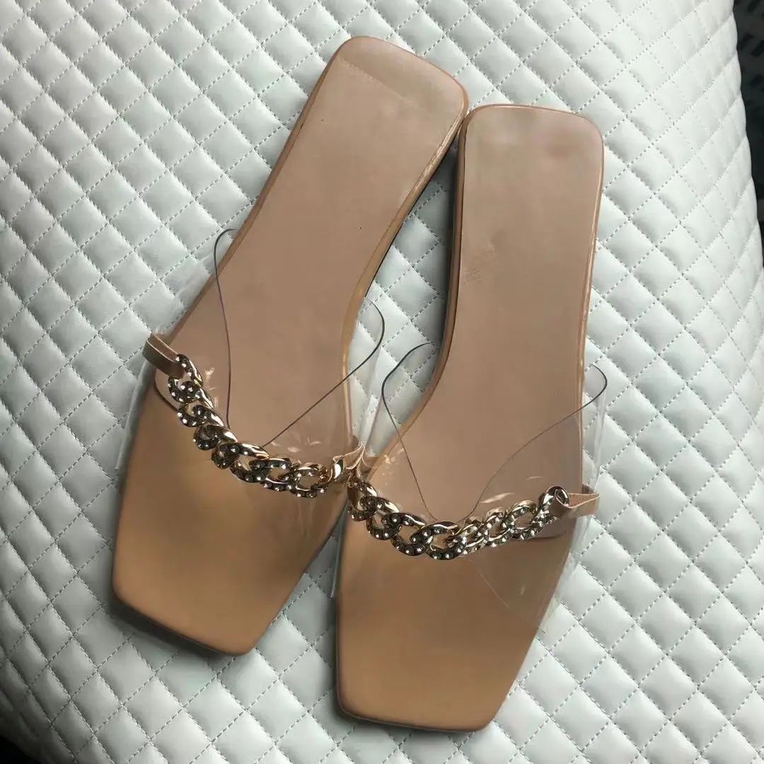 

2021 summer new European and American square head flat sandals and slippers women's large size beach fish mouth slippers