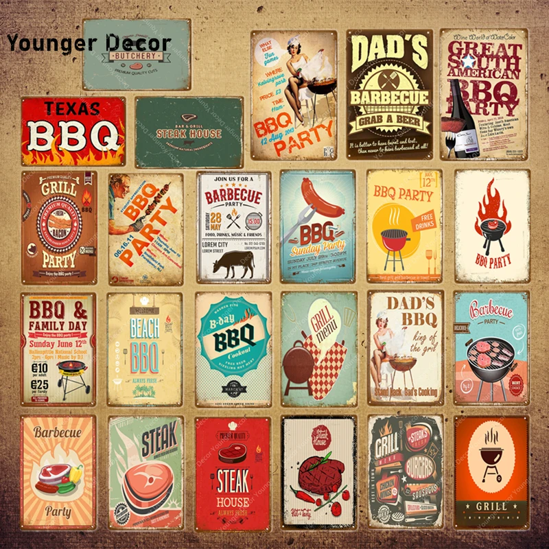 Техас барбекю Металлические знаки Семья день гриль вечерние плакат стейк дом