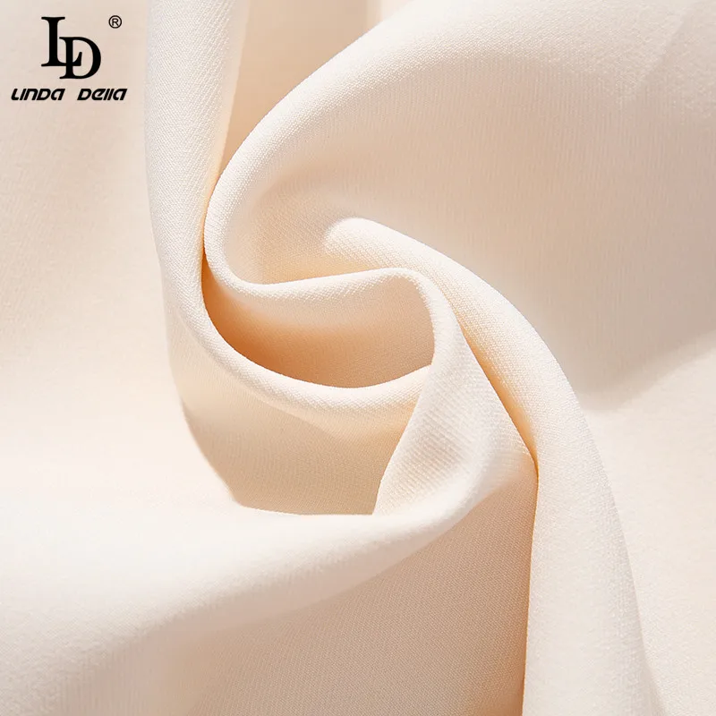 

LD LINDA DELLA Summer Fashion Runway Mini Dress Women Long Sleeve Elegant Peter Pan Collar Beading Beige Casual Short Dress