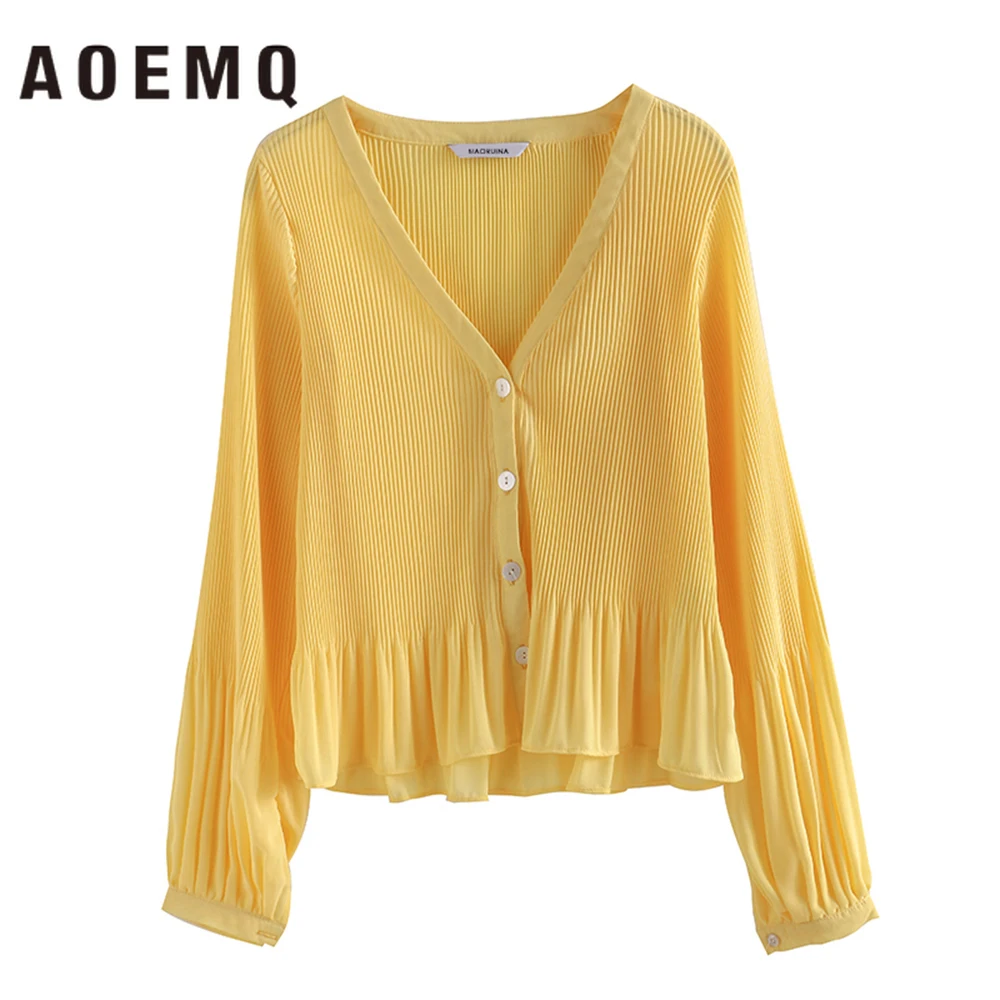 AOEMQ летняя шифоновая блуза дышащая полосатая рубашка с волнистыми драпировками