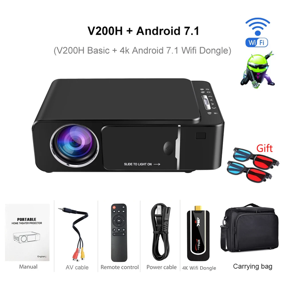 V200H Android bag VIVICINE 1280x720p Портативный HD проектор, опция Android 7,1 HDMI USB 1080p домашний кинотеатр проектор wifi мини светодиодный проектор - Цвет: V200H Android bag
