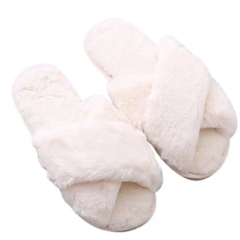 

Womens Winter Cross Plush Home Slippers Fuzzy Warm Flat Shoes Open Toe Sandals LX9F