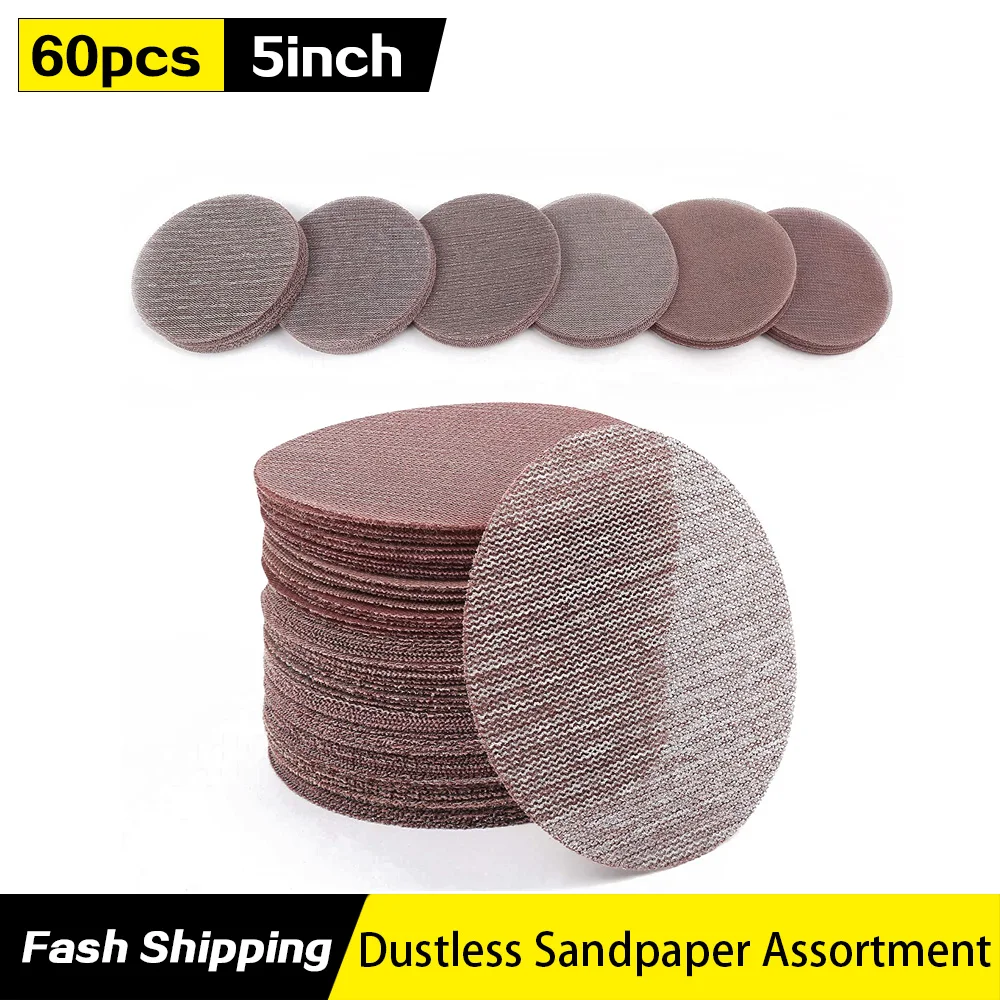 60PCS 5Inch Sanding Discs 80 100 120 180 240 320 Grit Mesh Abrasive Dustless Sandpaper Assortment for Car Woodworking - Hook