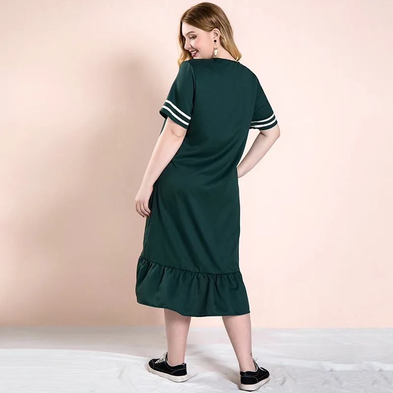 Женское Свободное платье с коротким рукавом Зеленое Длинное Платье V-образным