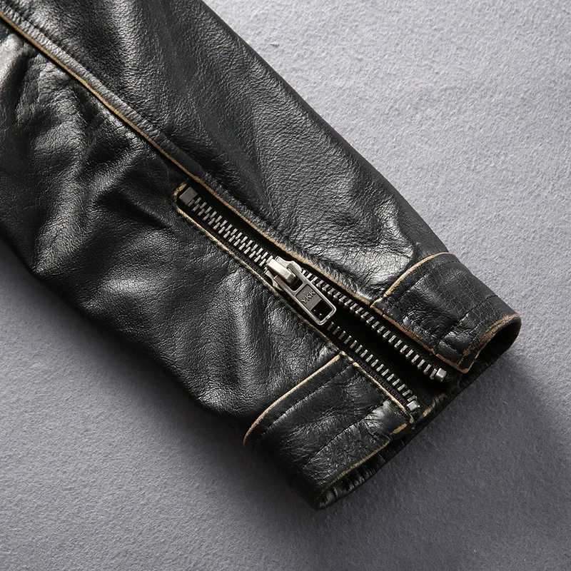 

genuine Men's vintage leather jacket with pockets korean style stand collar slim fit cow leather coat men motorcycle jacket male