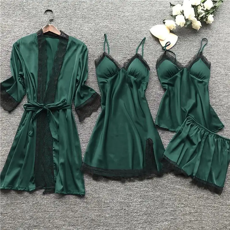 

2021 Women Pajamas Sets Satin Sleepwear Silk 4 Pieces Nightwear Pyjama Spaghetti Strap Lace Sleep Lounge Pijama With Chest Pads