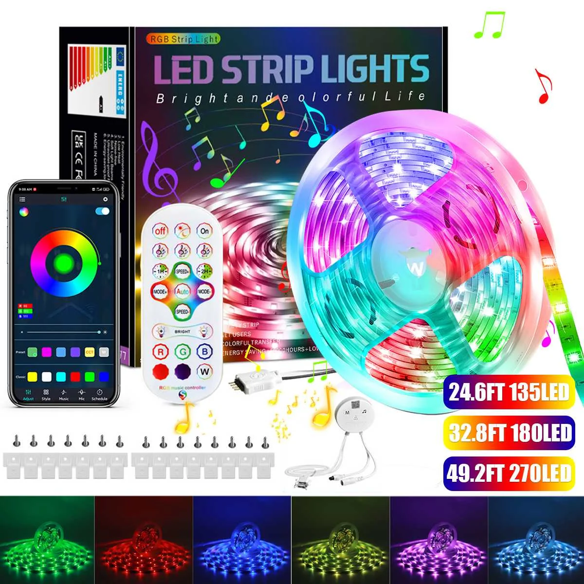 

7.5/10/15CM bluetooth LED Strip Lights RGB 5050 SMD Flexible Ribbon Waterproof RGB LED Light Tape Diode DC 12V Control+Adapter
