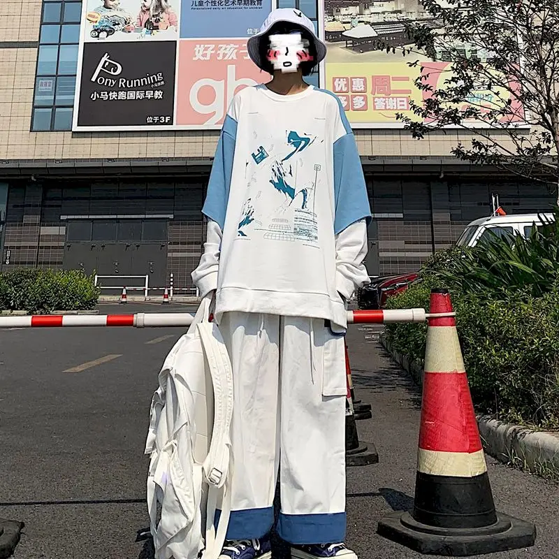 

Fake Two-piece T-shirt Sweatshirt + Pants 2020 New Punk Destruction Splicing Top Loose Couple Sweatshirt + Pants Suit Trend