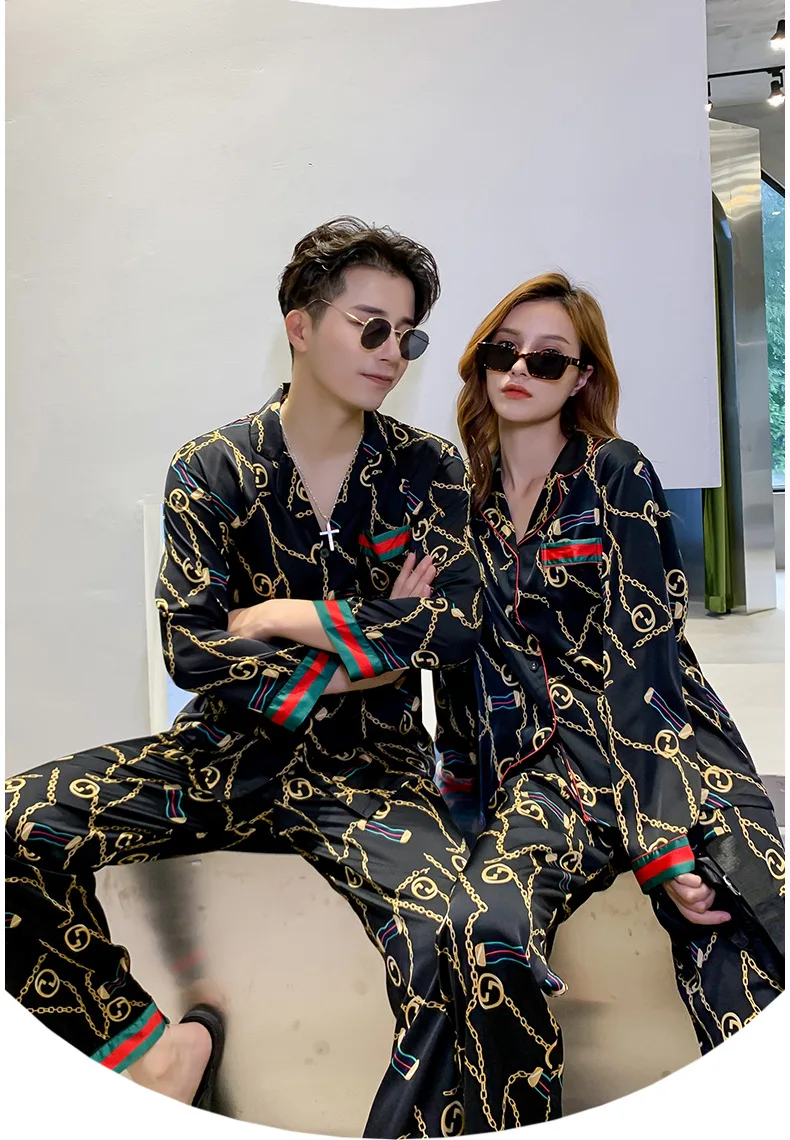 Spring 2021 Ice silk couple pajamas for women set web celebrity long sleeve simulation silk home suit summer 490730