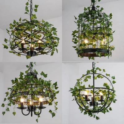 Industrial Wind Wroung Iron Cage Pendant Light with Artifitial Plant Pot 4 E14 Edison Bulbs Chain Hanging Light for Bar Club