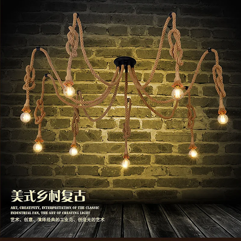 Люстра из пеньковой веревки Античная классическая Регулируемая потолочная