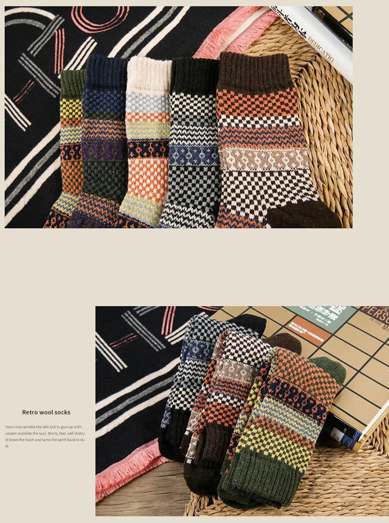 

Winter New Men's Knitting Socks Vintage Thick Warm Wool Cotton Socks Long Crew Socks High Quality Colorful Casual Sock Business