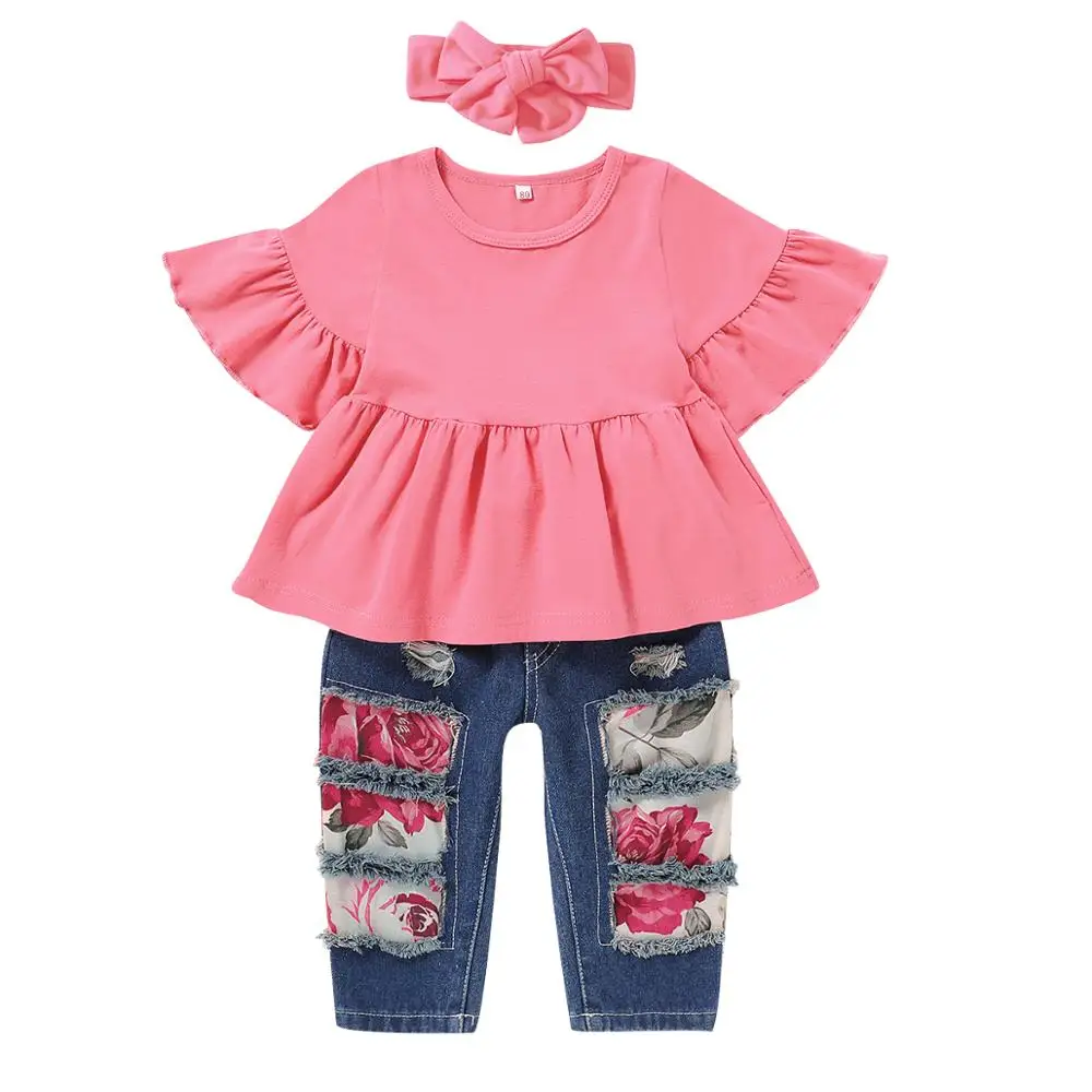 Осенняя одежда для маленьких девочек 3 шт. Детские наряды Однотонная рубашка с