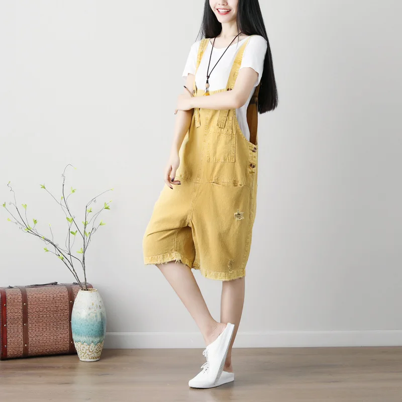Летний Тонкий женский комбинезон свободного покроя из хлопка и льна рваные