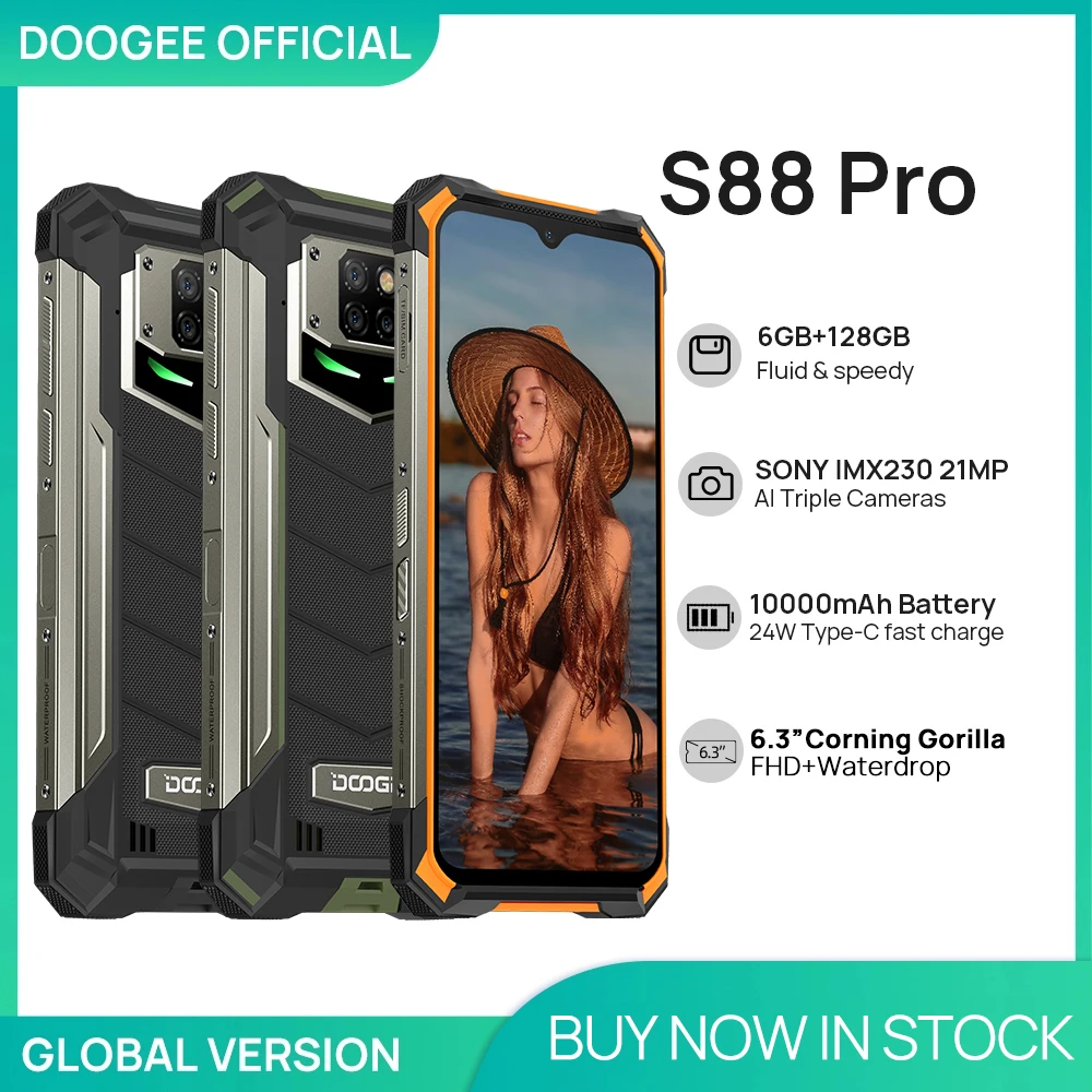 

DOOGEE S88 Pro Rugged SmartPhone 10000mAh telephones Helio P70 Octa Core 6GB RAM 128GB ROM IP68/IP69K smart phone Android 10 OS