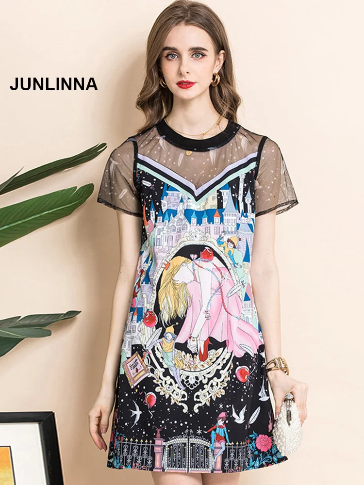 

JUNLINNA Cotton & Mesh Blending Dresses A Fairy Tale Style Printing Dress Summer New Fashion Beads Deco Loose Vestidos