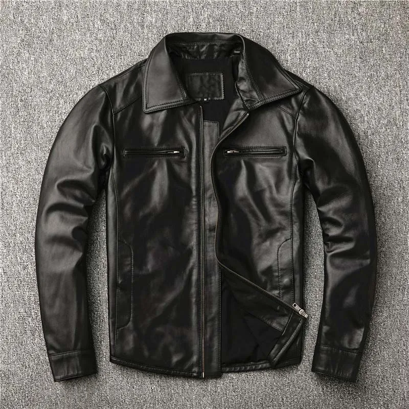 black Черный большой размер 4XL мотоциклетная кожаная куртка мужская Тонкая лацкан из натуральной овечьей кожи куртка из натуральной кожи короткая Высококачественная верхняя одежда - Цвет: black