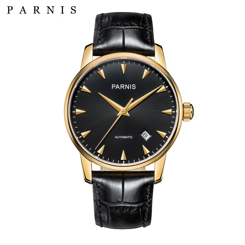 

Новинка мужские механические Автоматические часы Parnis с черным циферблатом 38 мм с кожаным ремешком и сапфировым стеклом мужские часы 2021