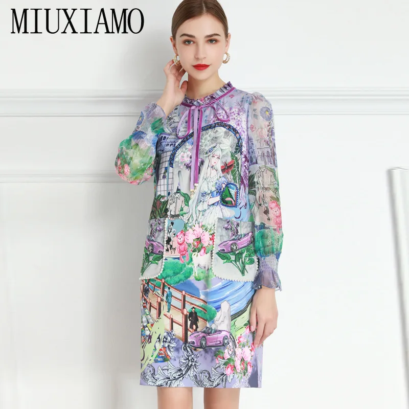 

MIUXIMAO 2021 весна-лето бант мультфильм принцесса принт бриллианты длинный рукав карман модное повседневное тонкое платье для женщин Vestidos
