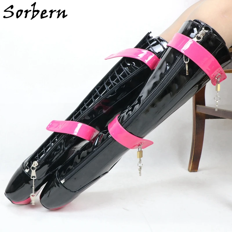 Sorbern Peach Black Patent Women Boots Knee High Ballet Hoof Ladies Heelless Lockable Lace Up Boot Fetish High Heel Shoes