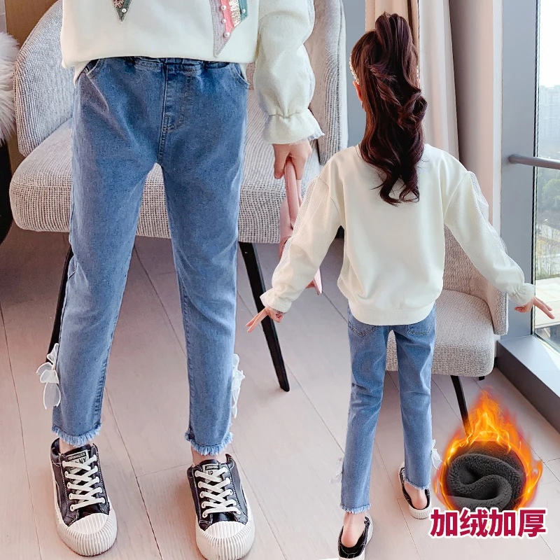

4 6 7 9 10 11 12 15T Kids Jeans For Teenage Girls Pants Children Denim Trousers Blue Stretch velvet Teen Clothes Winter Clothing