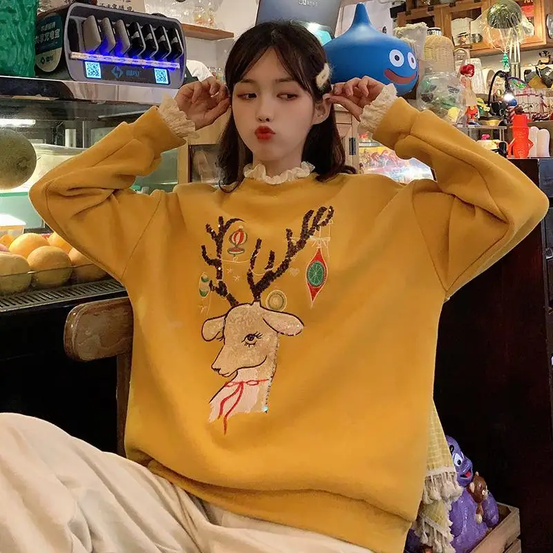 

No Hat Hoodies Women Fake Two Pieces Print with Lace O-neck Womens Students Korean Style Christmas Casual Trendy Sweet Delicate