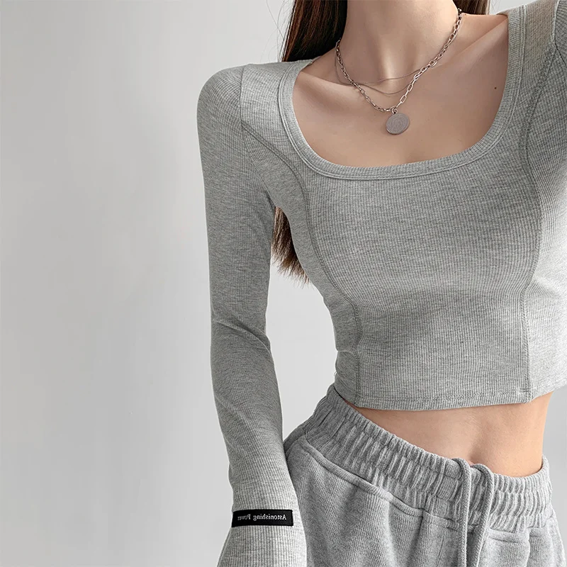 

Hot Girls Slim Fit Square-Cut Collar Off-Shoulder Long-Sleeved T-shirt Women 'S Sweet Cool Short Stitching Rac