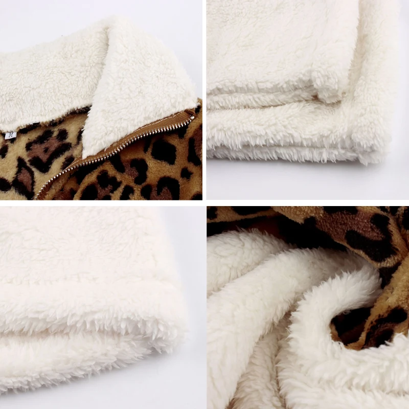 

Women Winter Sweatshirt Leopard Patchwork Long Sleeve Pockets Ladies Plush Tops Zipper Pullover Warm Clothing Female 2020