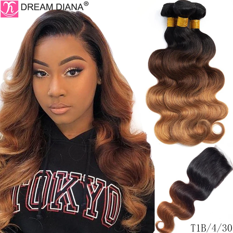 DreamDiana Ombre Human Hair Body Wave 3 Bundles With Closure 5x5 Lace Closure With Bundles 100% Remy Brazilian Hair With Closure