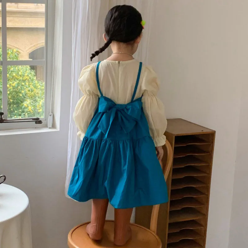 

Spring 2022 New Little Girls Casual Dresses Toddler Kid Baby Puff Sleeve Dress Party Patcwhork Children Clothes Autumn With Bow