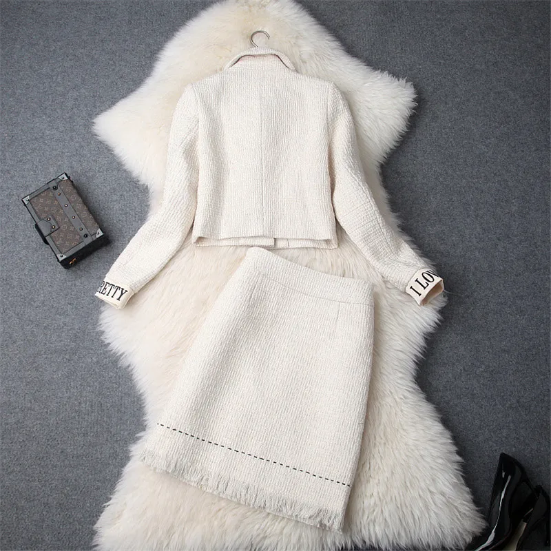 

Top Fashion Designer Women Runway Set 2018 Fall Winter Bowknot Decoration Short Woolen Jacket and Pencil Skirt Suit Set