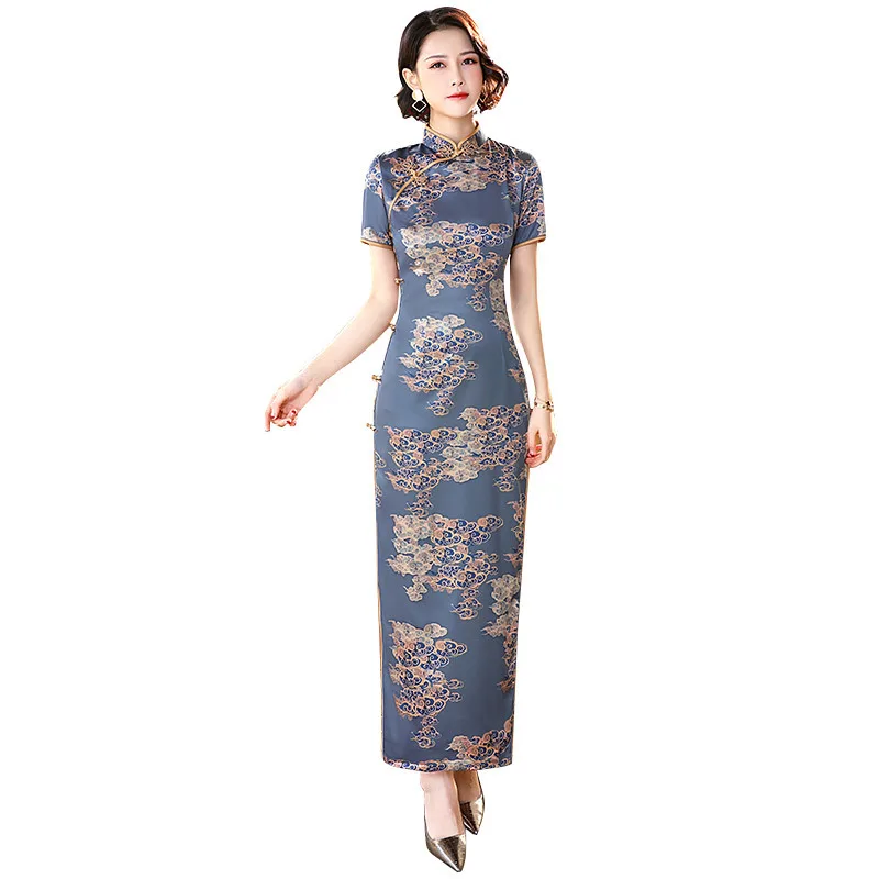 

Classic Print Cloud Women Qipao Chinese Traditional Elegant Mandarin Collar Cheongsam Vintage Button Slim Long Vestidos Big Size