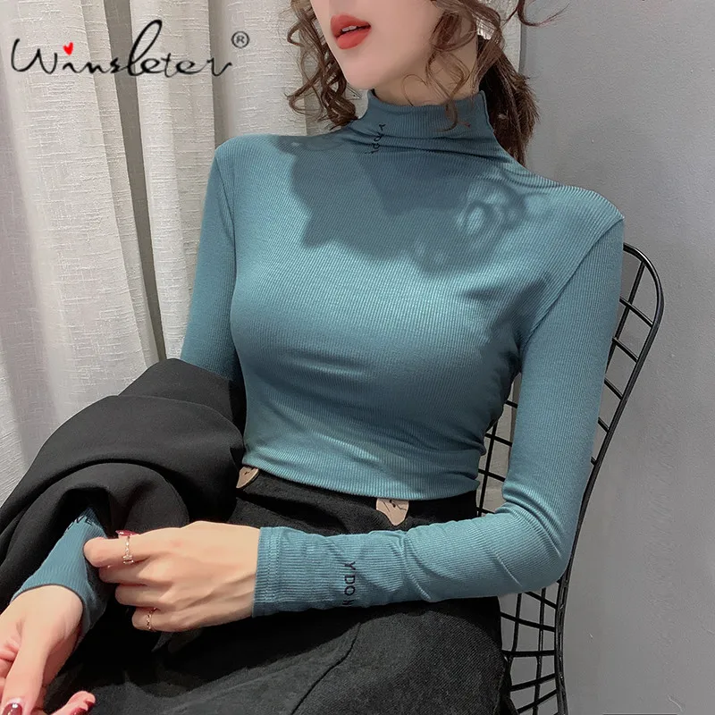 

Spring 2020 Basic T-shirt Women Modal Cotton Stretchy Half Turtleneck Letters Slim Long Sleeve Casual Tops Tee футболка T01403Y