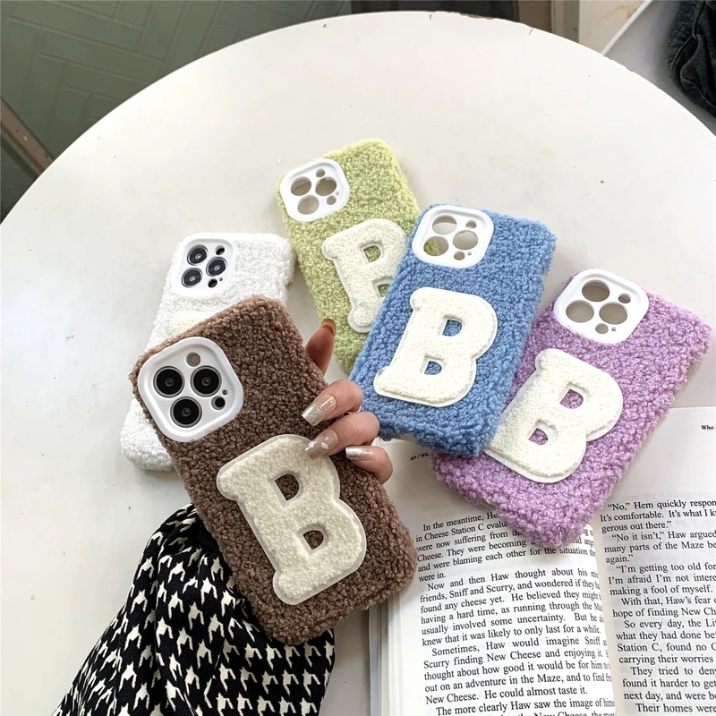 

Зимний пушистый тканевый теплый плюшевый чехол для телефона с буквами алфавита B и логотипом для iPhone 13 12 11 Pro Max X Xr Xs Max мягкий чехол